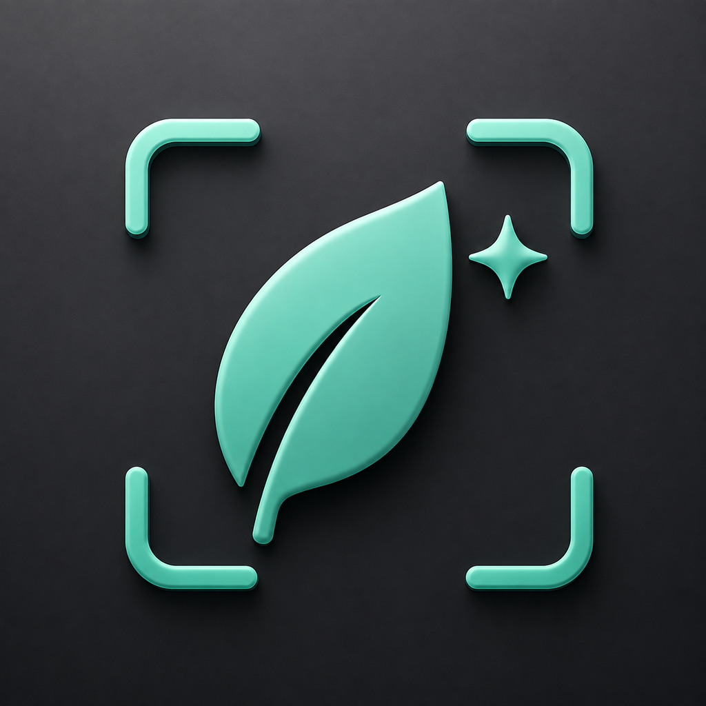 The StoryMint app icon: a mint leaf inside camera viewfinder brackets on charcoal.